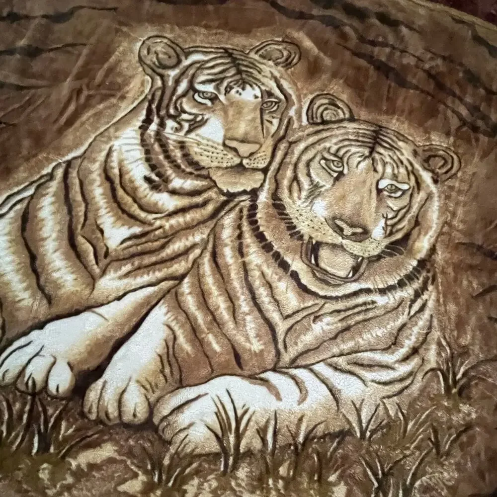 Vintage Queen Tiger Animal Plush Acrylic Korean Mink Reversible Blanket Sz 89x77